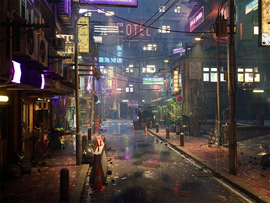 UE5.1+ Rainy Neon Streets - NXlfB1|NXlfB1